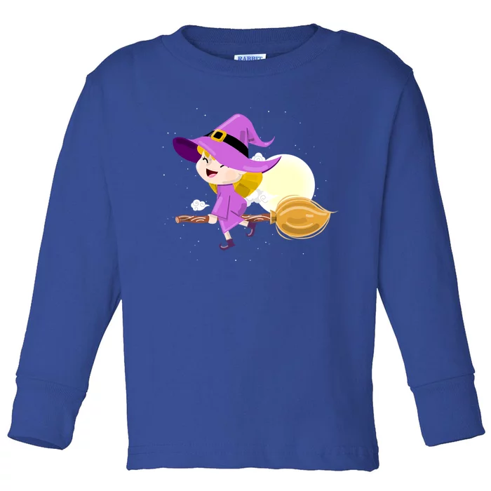 Witch Flying On Broomstick Against Full Moon Light With Star Great Gift Toddler Long Sleeve Shirt