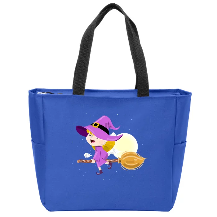 Witch Flying On Broomstick Against Full Moon Light With Star Great Gift Zip Tote Bag