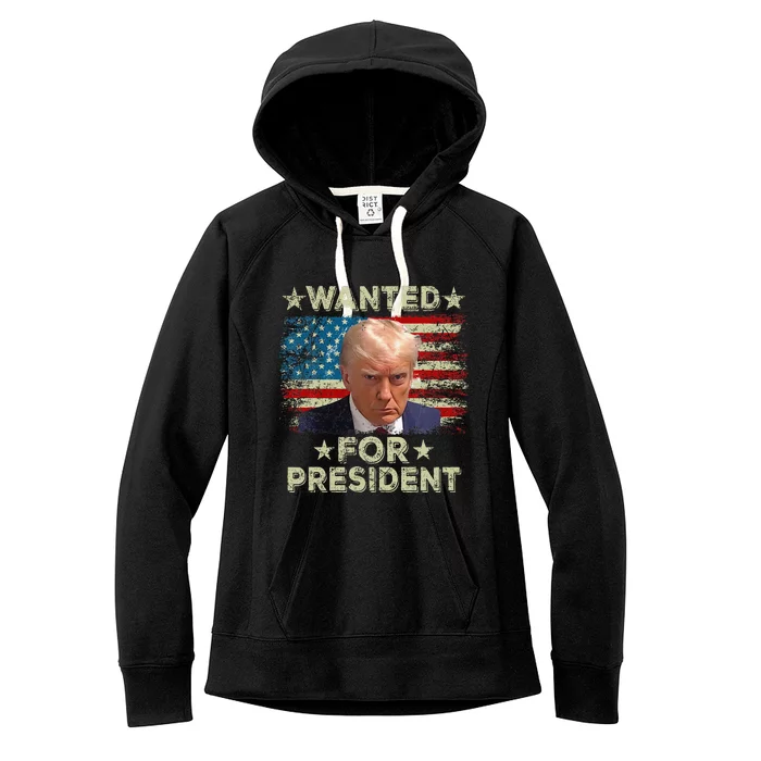 Wanted For President Trump Mug Shot 2024 Us American Flag Women's Fleece Hoodie