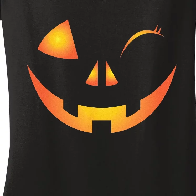 Wink Face Pumpkin Jack O Lantern Costume Cool Halloween Gift Women's V-Neck T-Shirt