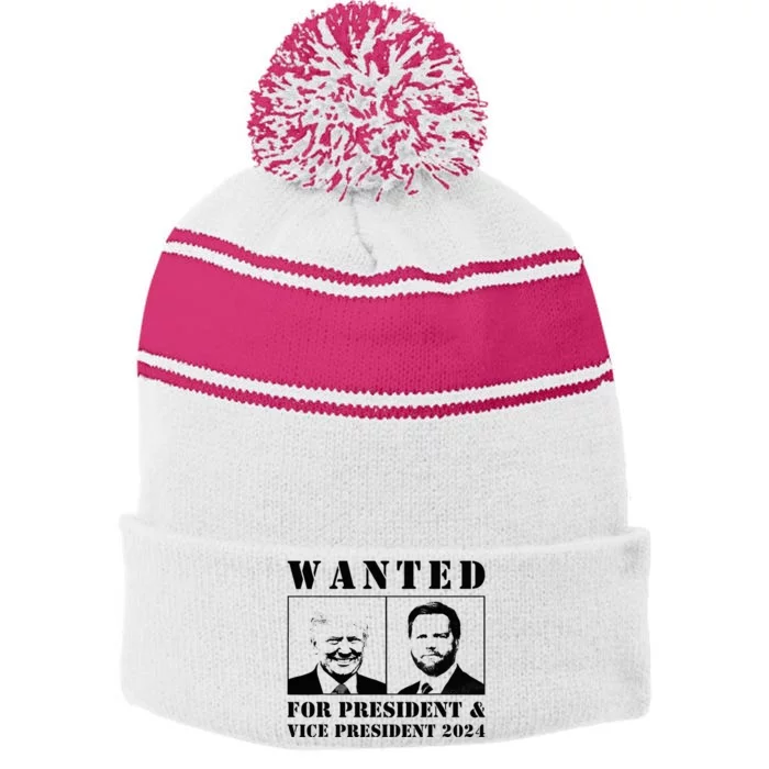 Wanted For President & Vice President 2024 Trump Vance Maga Stripe Pom Pom Beanie