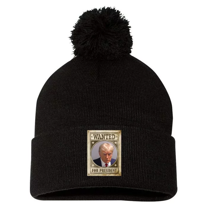 Wanted For President Funny Donald Trump Mugshot Pom Pom 12in Knit Beanie