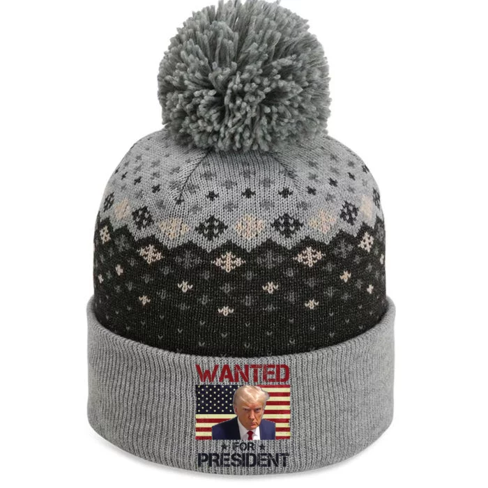 Wanted For President Donald Trump American Flag The Baniff Cuffed Pom Beanie