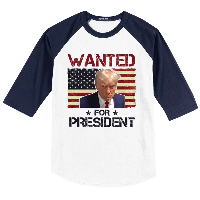 Wanted For President Donald Trump American Flag Baseball Sleeve Shirt