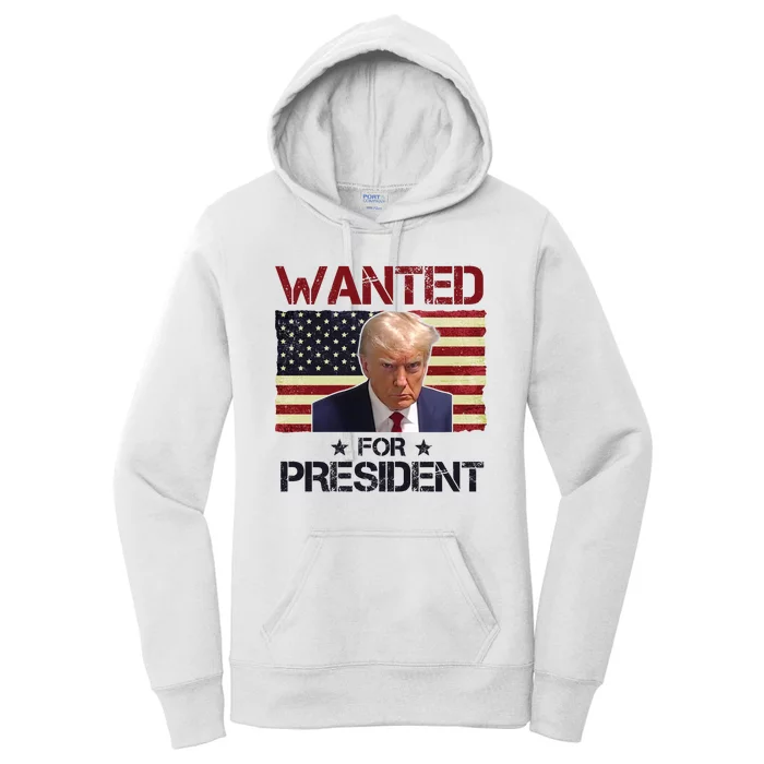 Wanted For President Donald Trump American Flag Women's Pullover Hoodie