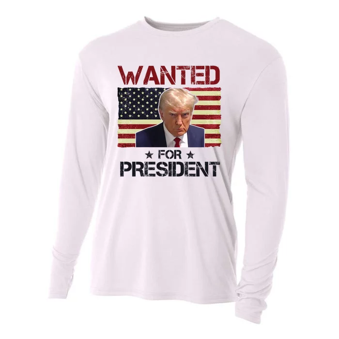 Wanted For President Donald Trump American Flag Cooling Performance Long Sleeve Crew