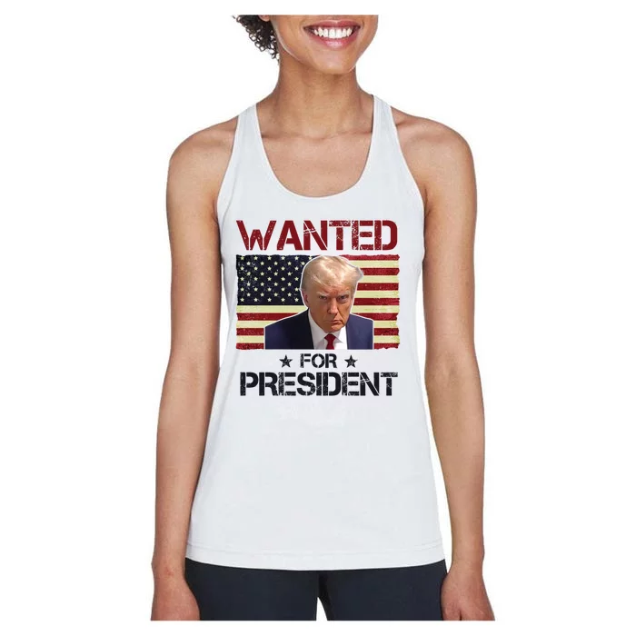 Wanted For President Donald Trump American Flag Women's Racerback Tank