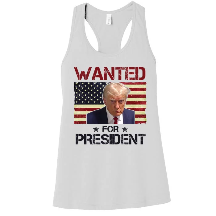 Wanted For President Donald Trump American Flag Women's Racerback Tank