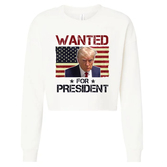 Wanted For President Donald Trump American Flag Cropped Pullover Crew