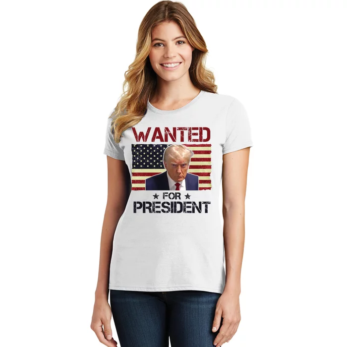 Wanted For President Donald Trump American Flag Women's T-Shirt