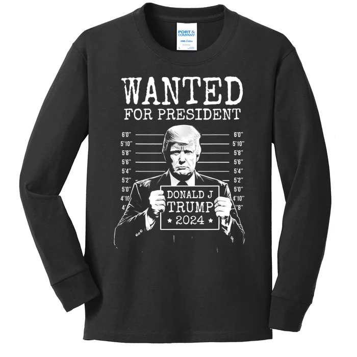 Wanted For President Donald Trump 2024 Mugshot Kids Long Sleeve Shirt