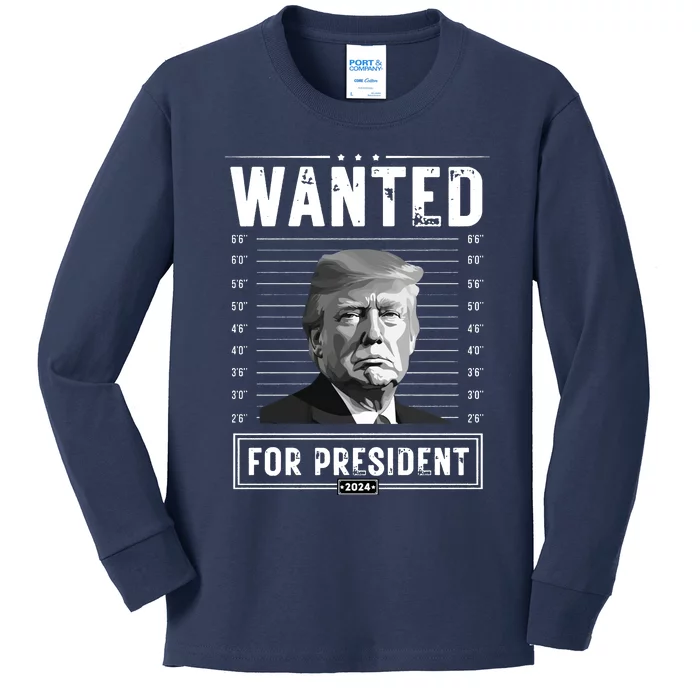 Wanted For President 2024 Vote Trump Kids Long Sleeve Shirt