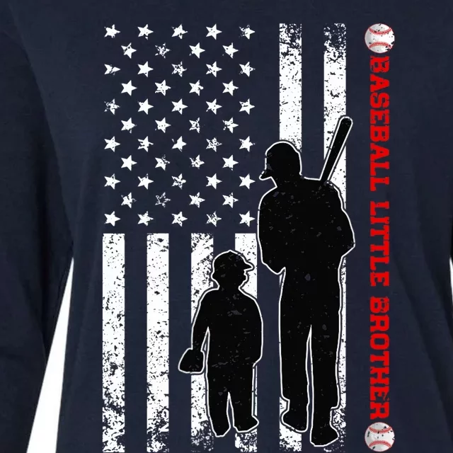 Wo Funny Proud Baseball Little Brother US Flag Father's Day Womens Cotton Relaxed Long Sleeve T-Shirt