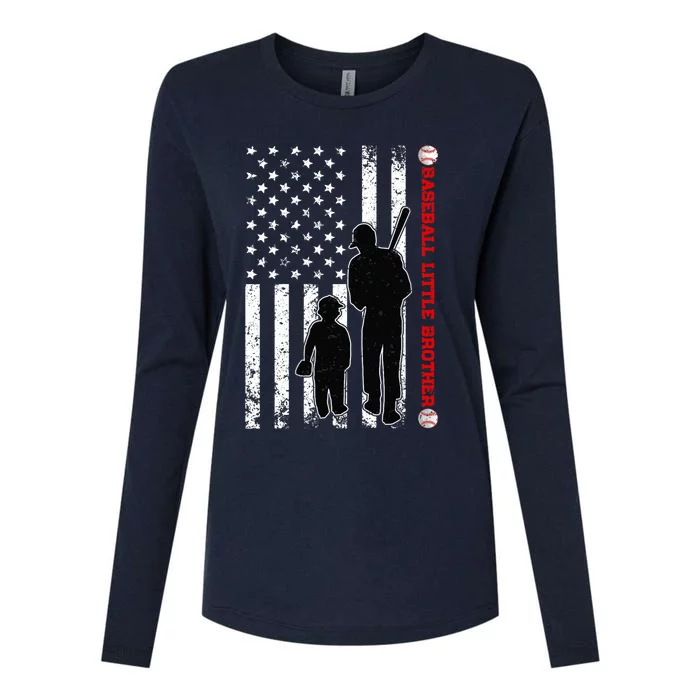 Wo Funny Proud Baseball Little Brother US Flag Father's Day Womens Cotton Relaxed Long Sleeve T-Shirt