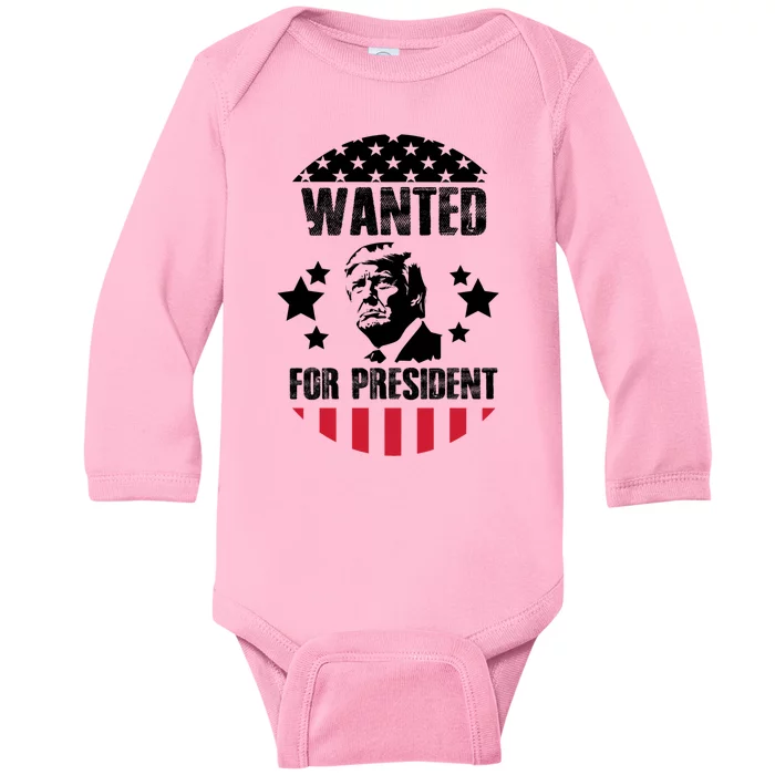 Wanted For President Trump Baby Long Sleeve Bodysuit