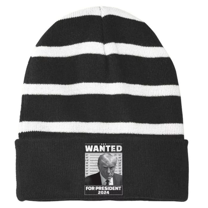 Wanted For President 2024 Trump Mugshot Striped Beanie with Solid Band