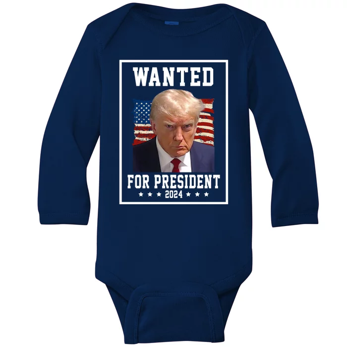 Wanted For President 2024 USA Donald Trump Baby Long Sleeve Bodysuit