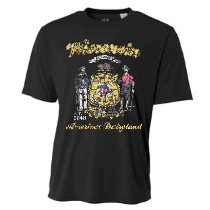 Wisconsin Flag Retro Vintage Distressed Fade Cooling Performance Crew T-Shirt