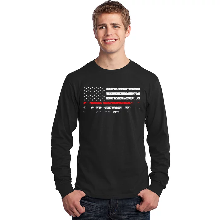 Wildland Firefighter Red Line American Flag Long Sleeve Shirt