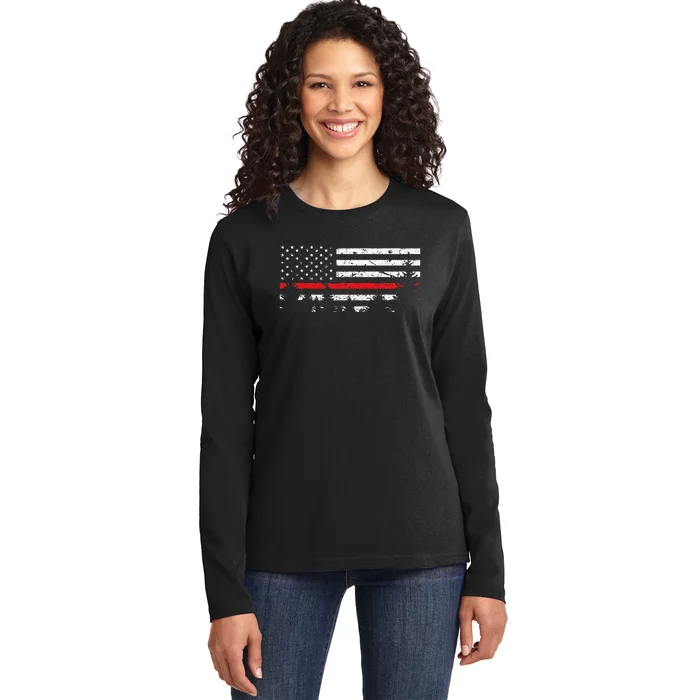 Wildland Firefighter Red Line American Flag Ladies Long Sleeve Shirt