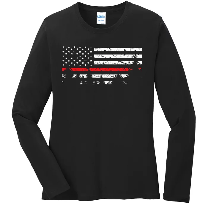 Wildland Firefighter Red Line American Flag Ladies Long Sleeve Shirt