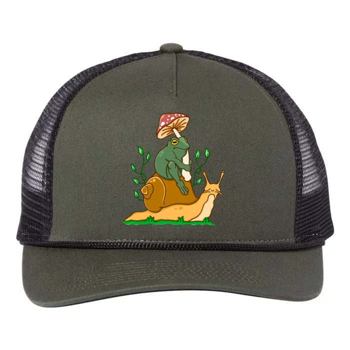 Whimsical Frog Riding Snail With Mushroom Retro Rope Trucker Hat Cap