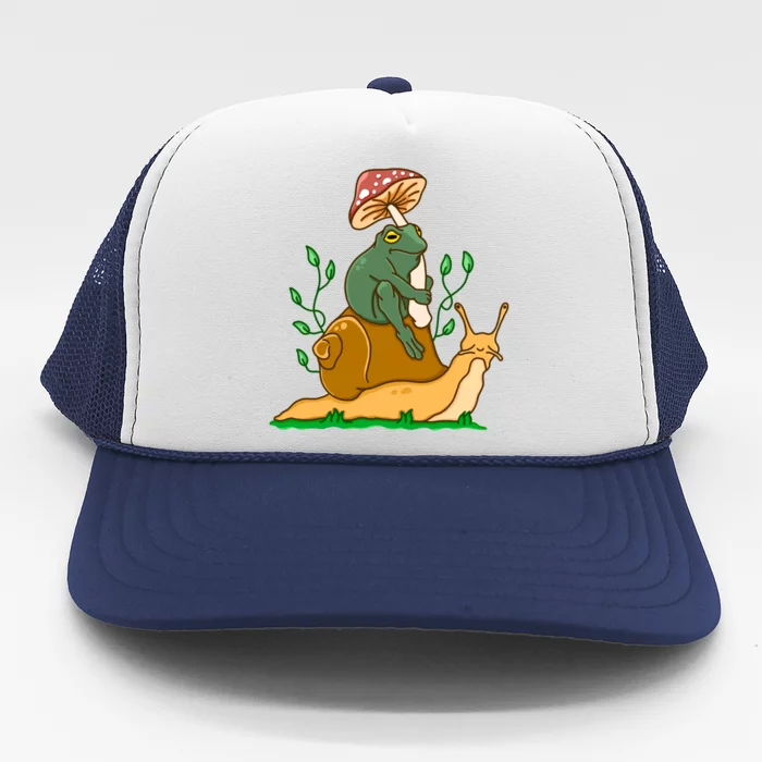 Whimsical Frog Riding Snail With Mushroom Trucker Hat