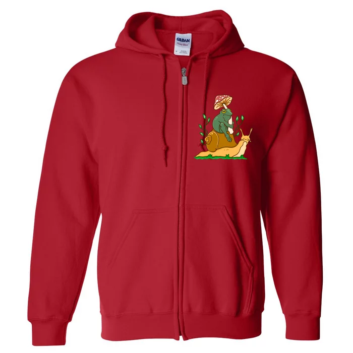 Whimsical Frog Riding Snail With Mushroom Full Zip Hoodie