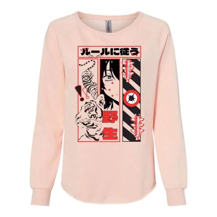 Wild, Follow The Rules Japanese Text With Tiger And Anime Girl Womens California Wash Sweatshirt