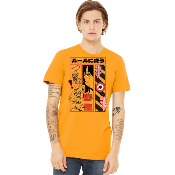 Wild, Follow The Rules Japanese Text With Tiger And Anime Girl Premium T-Shirt