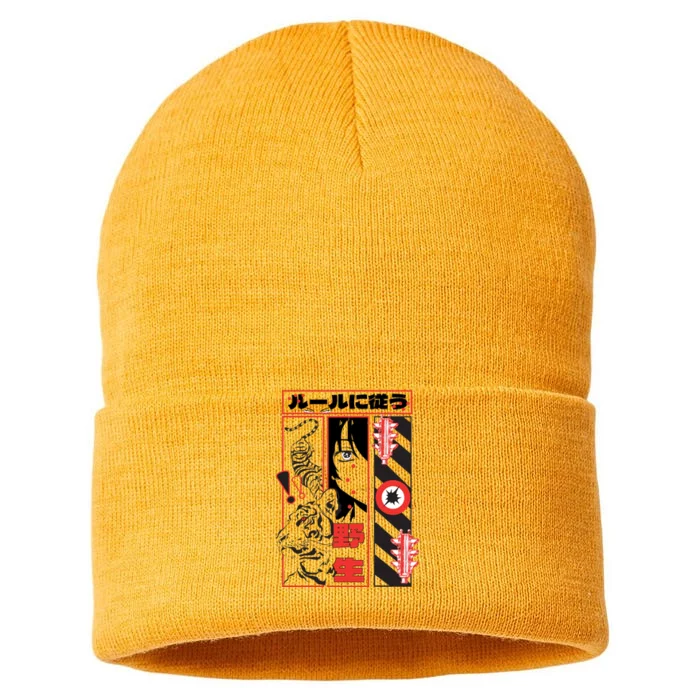 Wild, Follow The Rules Japanese Text With Tiger And Anime Girl Sustainable Knit Beanie