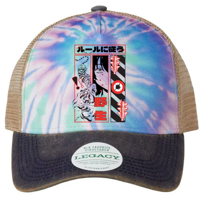 Wild, Follow The Rules Japanese Text With Tiger And Anime Girl Legacy Tie Dye Trucker Hat