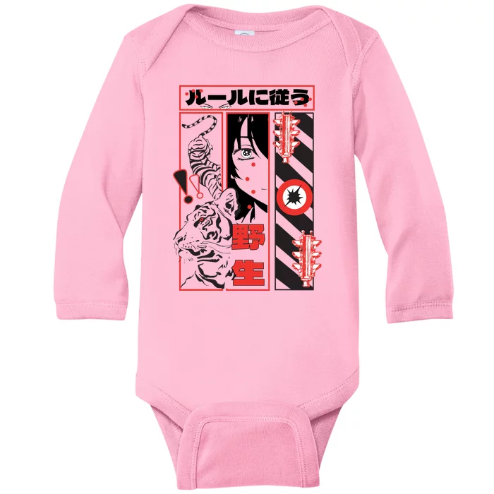 Wild, Follow The Rules Japanese Text With Tiger And Anime Girl Baby Long Sleeve Bodysuit