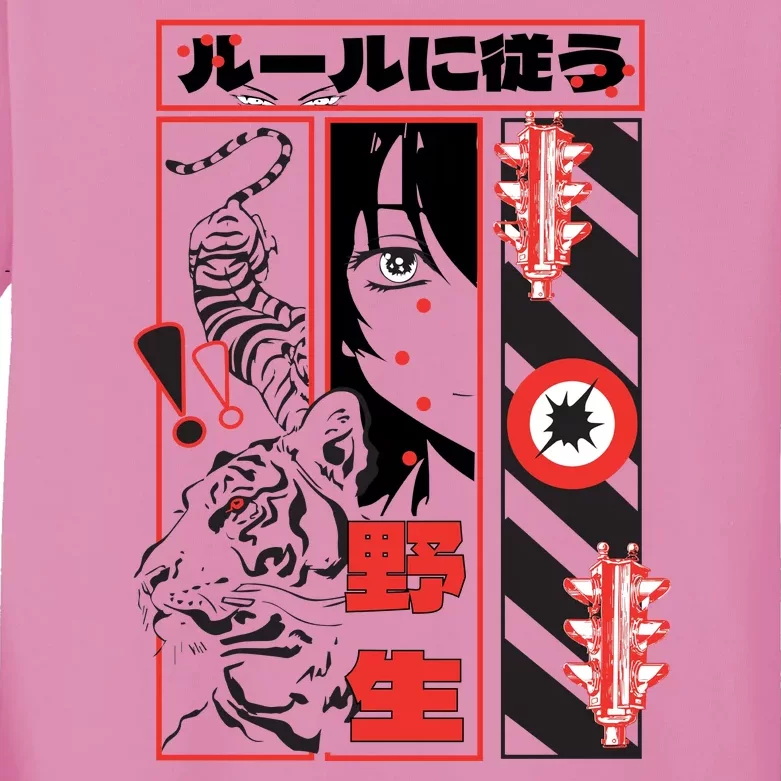 Wild, Follow The Rules Japanese Text With Tiger And Anime Girl Kids Long Sleeve Shirt