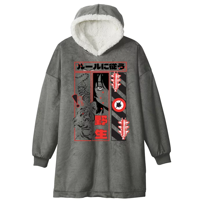 Wild, Follow The Rules Japanese Text With Tiger And Anime Girl Hooded Wearable Blanket