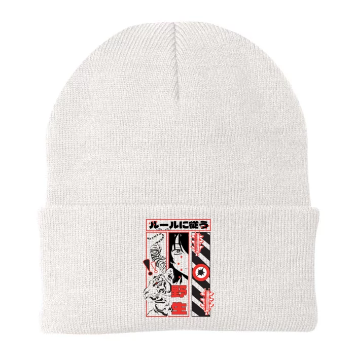 Wild, Follow The Rules Japanese Text With Tiger And Anime Girl Knit Cap Winter Beanie