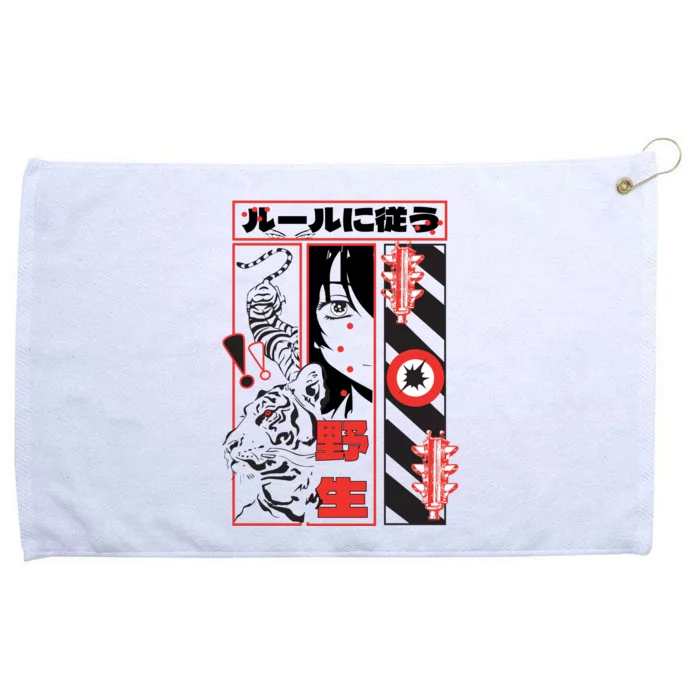 Wild, Follow The Rules Japanese Text With Tiger And Anime Girl Grommeted Golf Towel