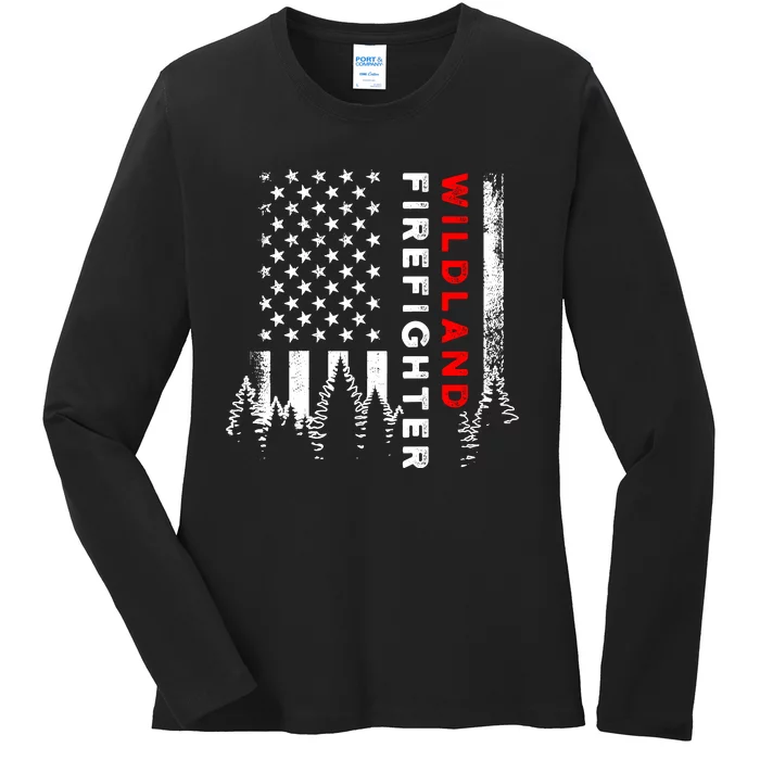 Wildland Firefighter Us Flag Fire Ladies Long Sleeve Shirt