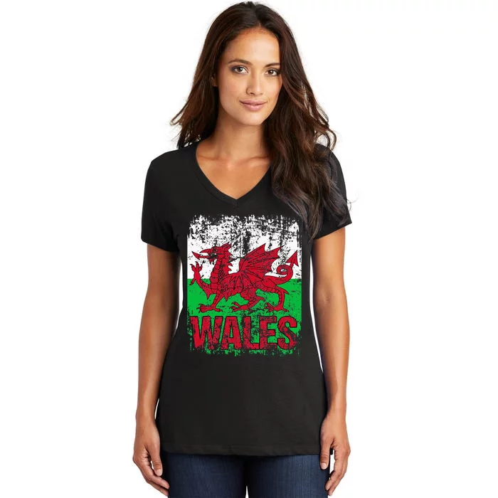 WALES Flag Vintage Distressed WALES Women's V-Neck T-Shirt