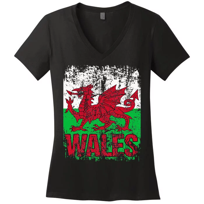 WALES Flag Vintage Distressed WALES Women's V-Neck T-Shirt