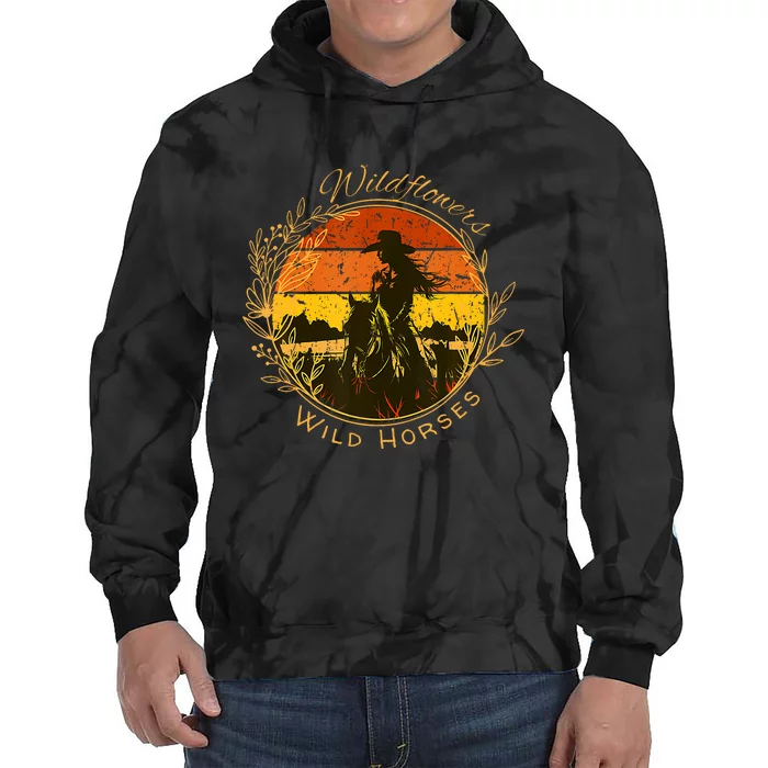 Wild Flowers Wild Horses Vintage Sunset Country Cowgirl Tie Dye Hoodie