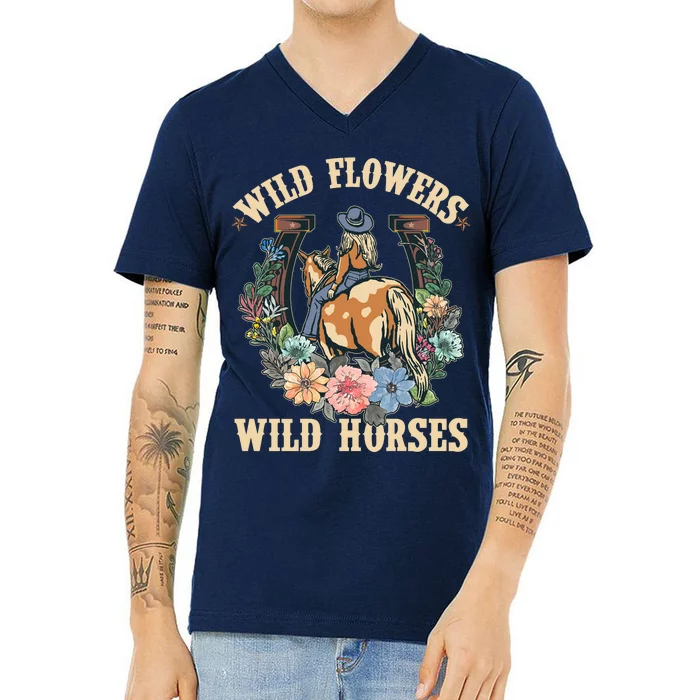 Wild Flowers Wild Horses Cowgirl V-Neck T-Shirt