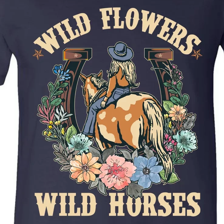 Wild Flowers Wild Horses Cowgirl V-Neck T-Shirt