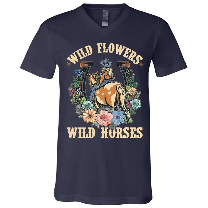 Wild Flowers Wild Horses Cowgirl V-Neck T-Shirt