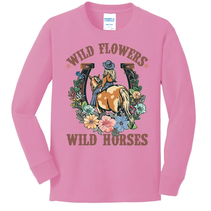 Wild Flowers Wild Horses Cowgirl Kids Long Sleeve Shirt