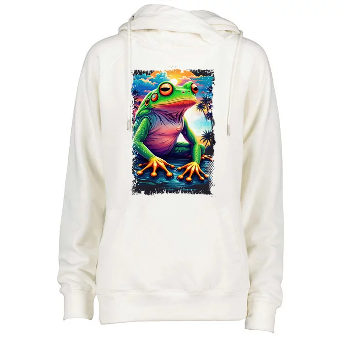 Watercolor Frog Womens Funnel Neck Pullover Hood