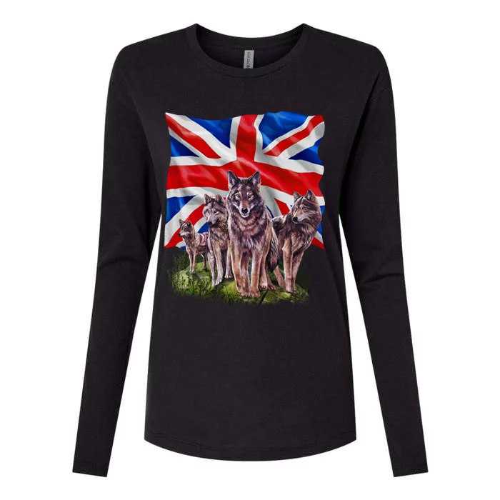 Wolf Family With Union Jack Flag Gift Womens Cotton Relaxed Long Sleeve T-Shirt