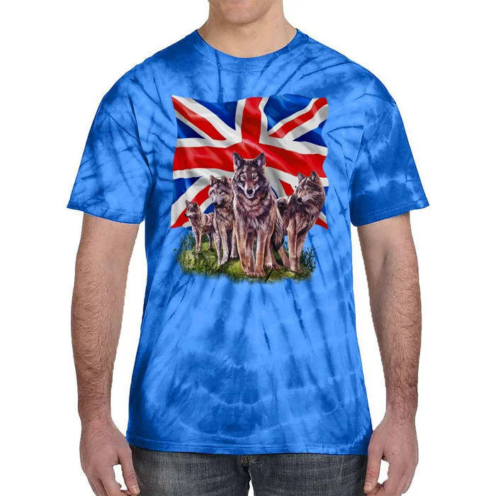 Wolf Family With Union Jack Flag Gift Tie-Dye T-Shirt