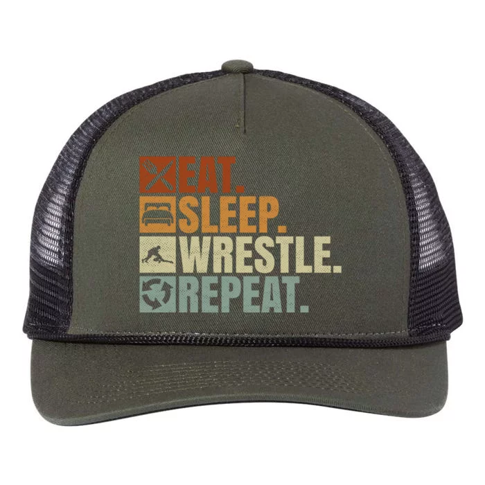 Wrestling Fans Wrestling Lovers Eat Sleep Wrestle Repeat Gift Retro Rope Trucker Hat Cap