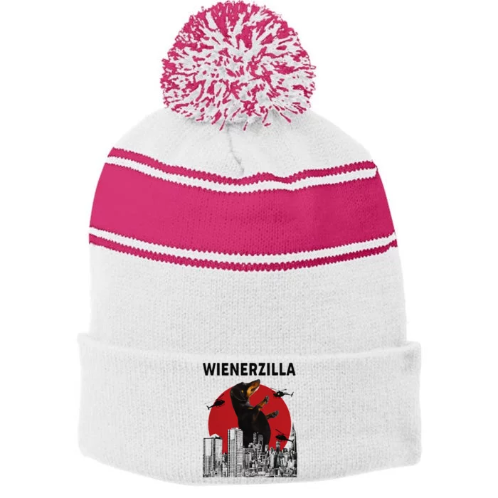 Wienerzilla Funny Wiener Dog Dachshund Lovers MOTHER'S Stripe Pom Pom Beanie